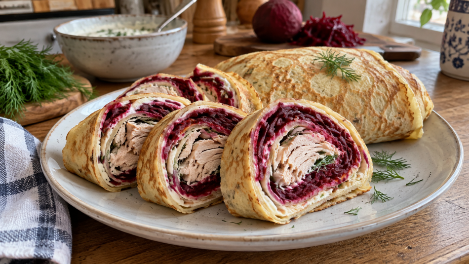 Блинный рулет с курицей и свеклой меняет правила домашних закусок
